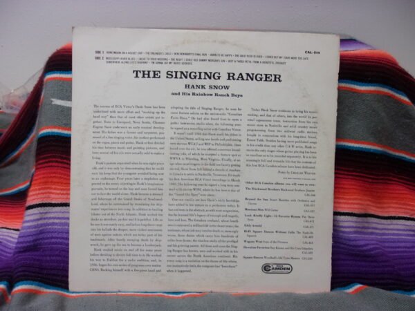 The Singing Ranger, Hank Snow, Vinyl Record LP back cover