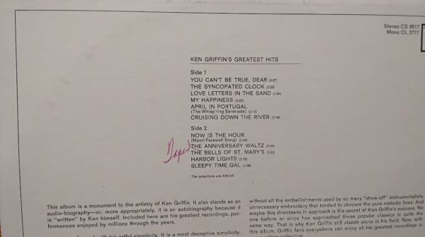 Ken Griffin Greatest Hits Vinyl Record Columbia 1967 CS9517 - Image 3