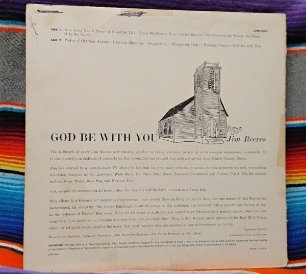 Jim Reeves: "God Be with You" Vinyl1959 RCA Victor Records LPM-1950