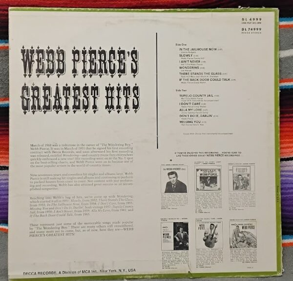 Webb Pierce "Greatest Hits" Record/vinyl NM- Decca Records DL74999